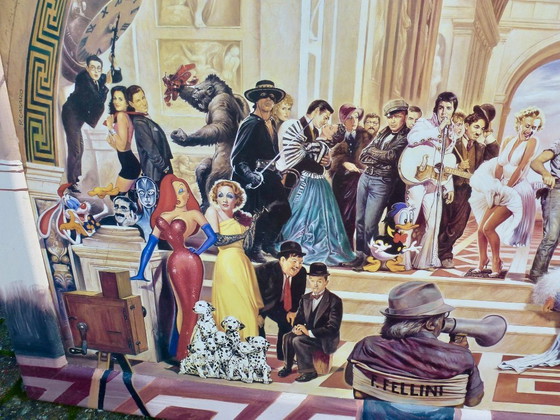 Image 1 of Een kunstreproductie van het schilderij "100 Years of Film” van kunstenaar Renato Casaro.