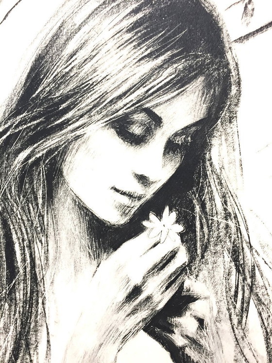 Image 1 of Monochrome Lithograph Drawing Nude Woman with Flower by Sandu Liberman 1971 Art