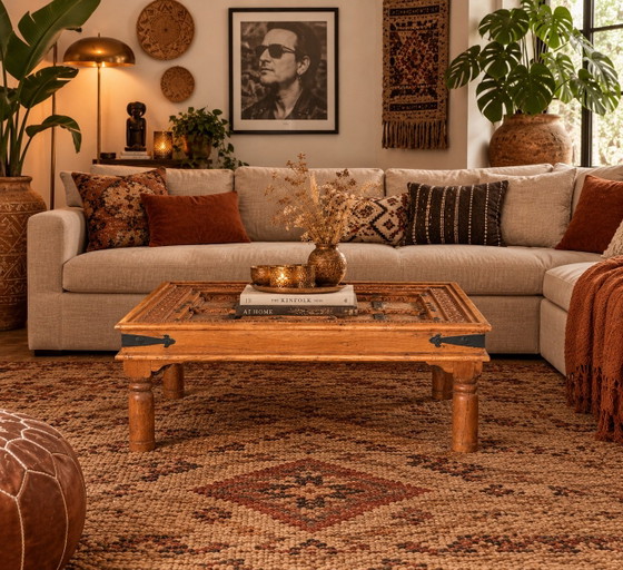 Beautiful Authentic Indian Coffee Table/Gate Table, Boho & Ibiza Style, Wood, Brass, Brown (photo 13 of 13)