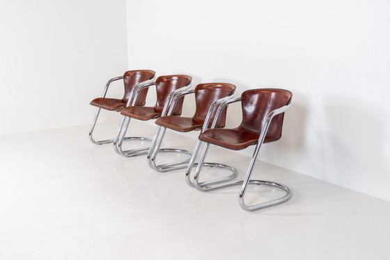 Image 1 of Set Of 4 Rare Leather Dining Chairs By Willy Rizzo For Metaform (The Netherlands, 1970S).