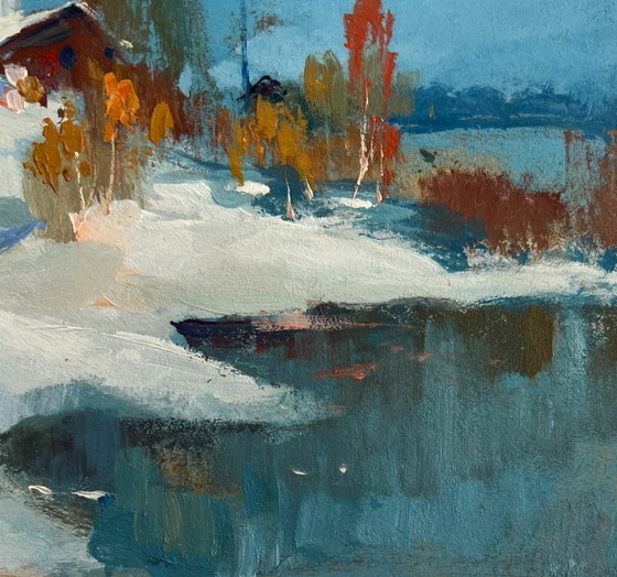 Image 1 of Origineel olieverfschilderij: Sneeuwdorplandschap. De eerste sneeuw viel.