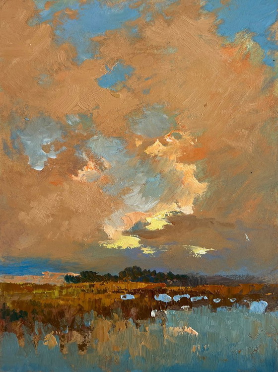 Image 1 of Original Oil Painting Sunset Field Landscape Sunset over the lake