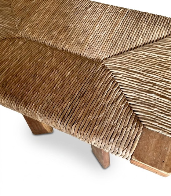 Antiker Hocker aus Holz und Binsen – Rattan (photo 3 of 5)
