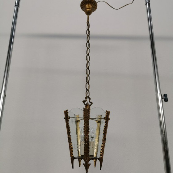 Image 1 of Lampada a lanterna francese in ottone vintage, lampada a sospensione, lampada con catena