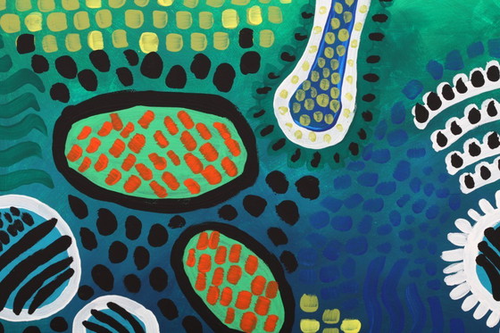 Image 1 of Modern abstract green, yellow, purple and orange mixed media painting