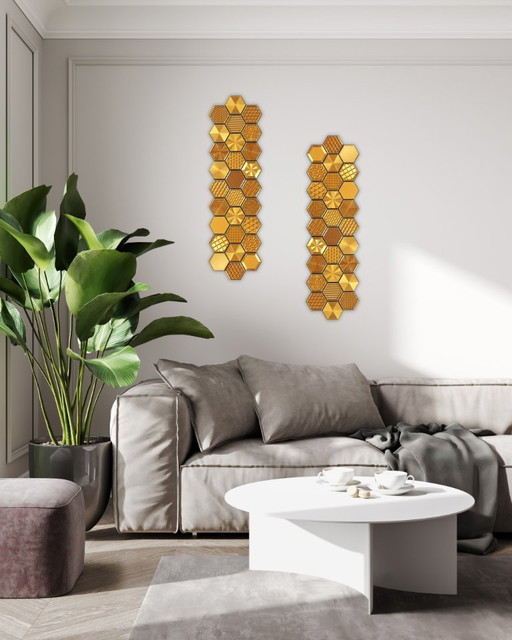 Gouden honingraat wanddecoratie | Hexagonale geometrische decoratie | Moderne wandsculptuur
