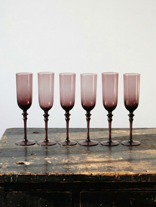 Lot de 6 grandes flûtes à Champagne vintages 70-80's verre soufflé violine