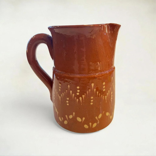 Pichet en Céramique Vintage | Années 70 | Marron-rouge avec décorations beiges | Petit Vase à Fleurs
