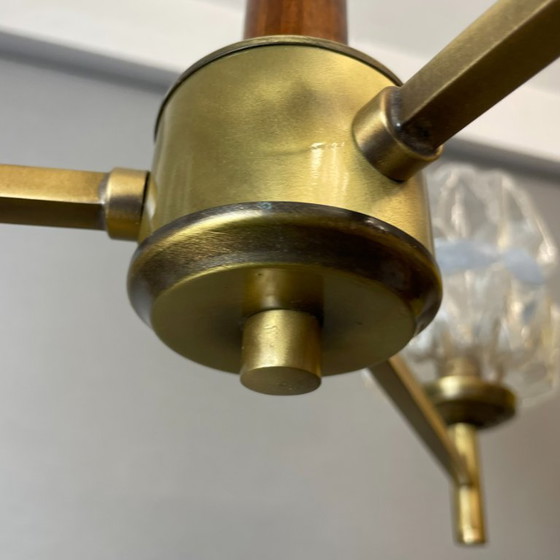 Mid Century Modern Three-Light Wood and Glass Modern Chandelier, 1960s (photo 12 of 15)