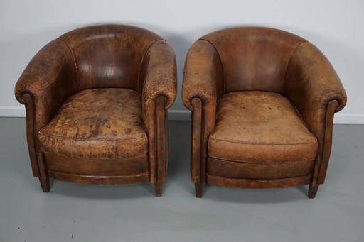 Vintage Nederlandse cognackleurige leren clubfauteuils, set van 2