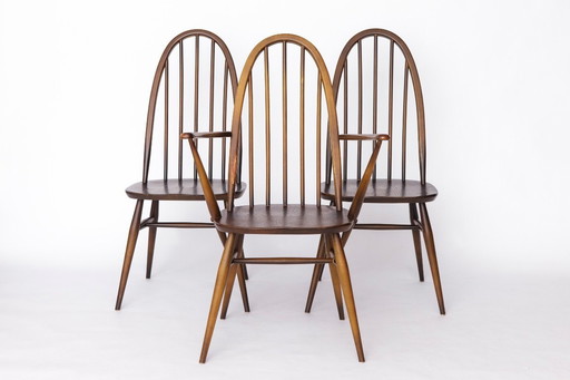 Set of 6 Ercol Quaker Windsor Dining Chairs | 1960s British Mid-Century Modern, Solid Elm Wood, Vintage Design