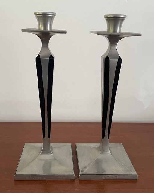 Crescent Silverware co NY - Dos Portavelas Art Déco de Plata y Peltre
