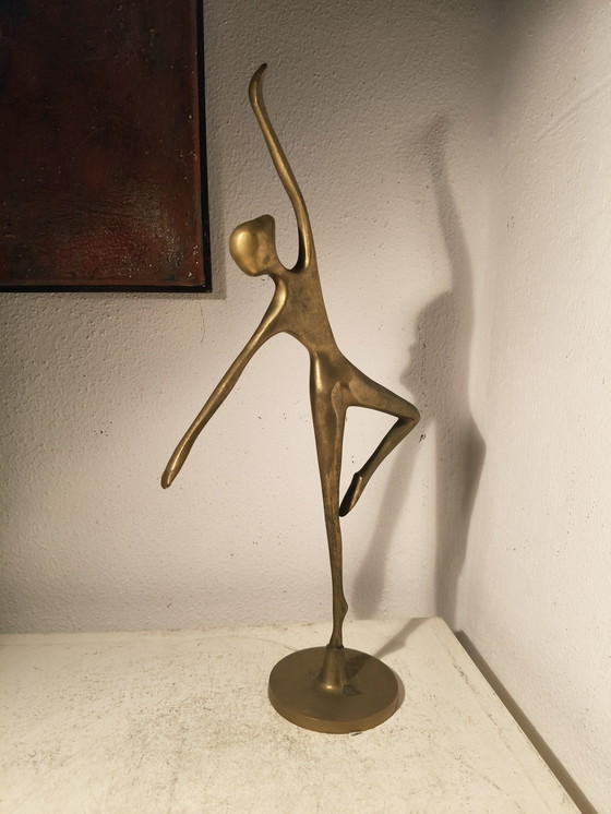 Image 1 of Vintage design modernist stylized brass sculpture of a ballerina dancer
