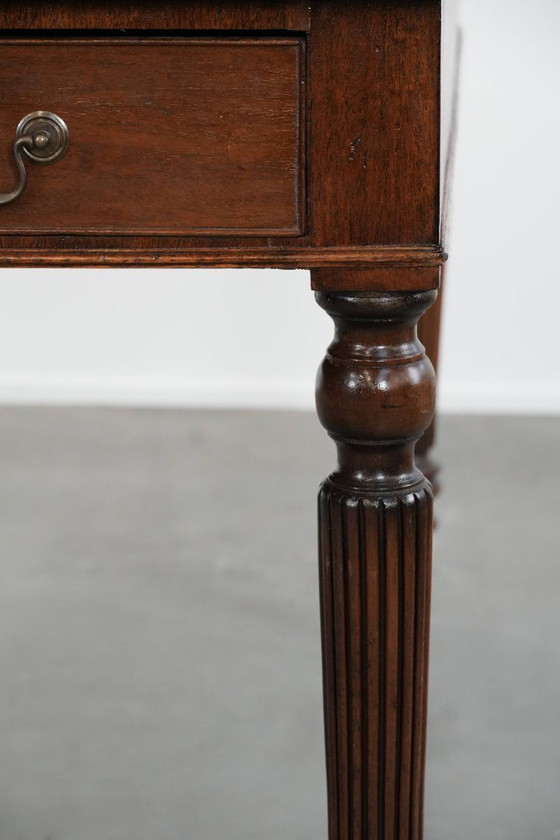 Image 1 of Antieke Schrijftafel/ Bureau/ Partner Desk Uit Begin 20e Eeuw Met 6 Lades En Een Donkergroen Lederen Blad In Engelse Stijl