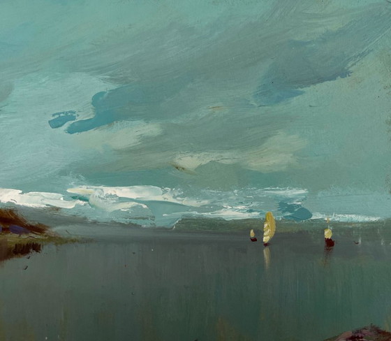 Image 1 of Origineel olieverfschilderij: Somber kustlandschap, stadsboot, veerboot