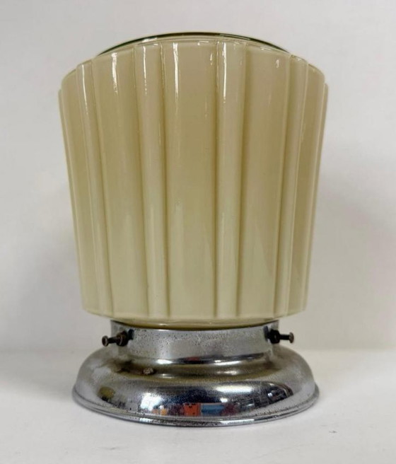 Image 1 of Vintage Geribbeld Crème Plafondlamp Art Deco Nikkel Armatuur