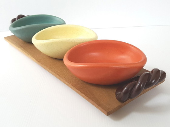 Image 1 of MAGNIFIQUE PLATEAU 3 RAMEQUINS CERAMIQUE SEVRES KERAMOS FRANCE 1950 VINTAGE 50S