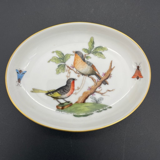 Herend Rothschild Vögel 7780/RO – pequeño cuenco ovalado de porcelana, pintado a mano, borde dorado