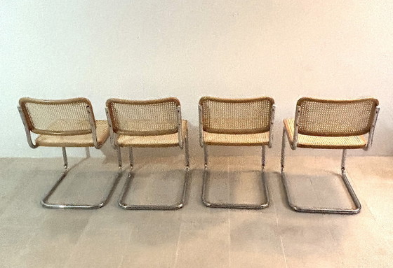 Image 1 of Set di sedie da pranzo a sbalzo in canna modello B32 in cromo di Cesca Italia, design di Marcel Breuer