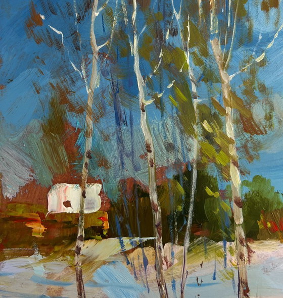 Image 1 of Original Oil Painting Snow Village Landscape Winter path leading home