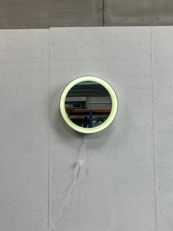 Image 1 of Vintage Round Wooden Wall Mirror With Lighting, Xl, 1970's