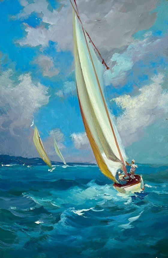Image 1 of Origineel olieverfschilderij: Zomers zeelandschap, zeilvakantie op zee