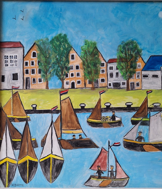 Image 1 of painting, sailboats, naive art, bright colors