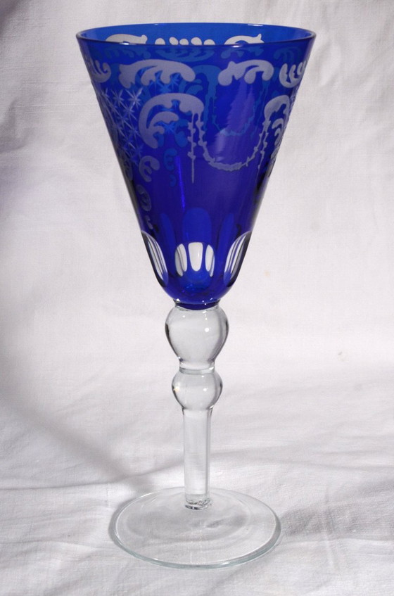 Set aus 4 großen Stielgläsern mit kobaltblauem Muster und mattiertem Glas, 10 x 24 cm – Gläser & Karaffe (photo 6 of 10)
