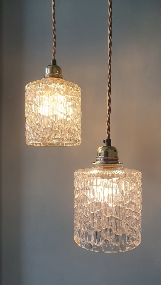 Set van 2 Vintage hanglampen - crackle glass - textuur - midcentury design