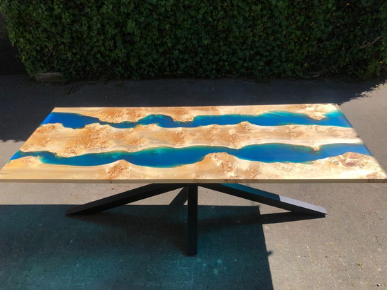 Image 1 of Root wood design table with blue epoxy – unique handmade piece