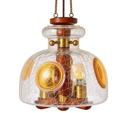 70er Pendelleuchte Crackle-Glas Holz Messing | Reliktdesign