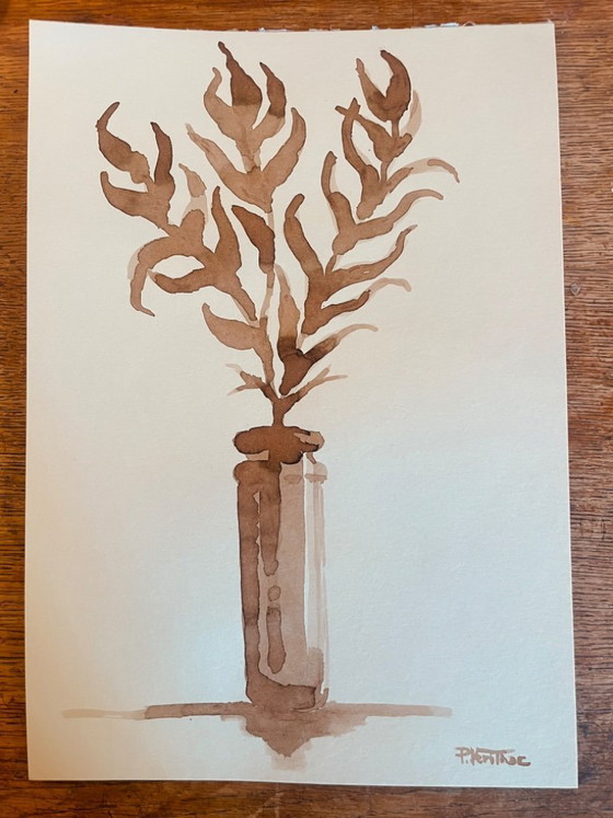 Image 1 of Painting, monochrome sepia still life "dried flowers", signed