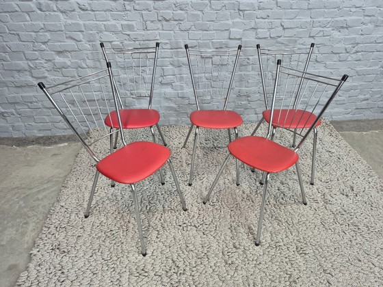 Image 1 of Set of 4 Vintage Design Kitchen Chairs with Metal Spindle Backs and Red Leatherette Seats, The Netherlands, 1960s