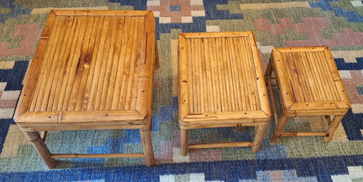 Mid Century Set of 3 Nesting Patinated Bamboo Tables, 1960s