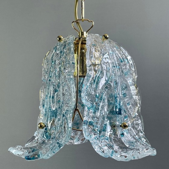 Image 1 of 1990s Murano glass pendant light three leaves with blue glass shards. New old stock. Never used.