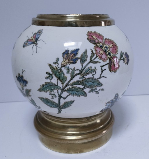 Earthenware and brass ball vase with flowers and insects, early 20th century