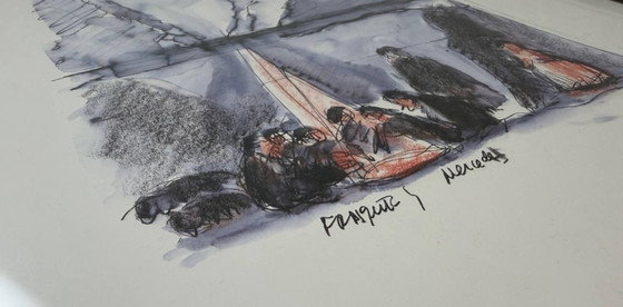 Image 1 of Framed original artwork with figurative scene and handwritten notes, 1980s