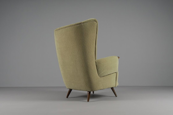 Image 1 of Large Green Italian Wood & Fabric Wingback Armchair, 1950s