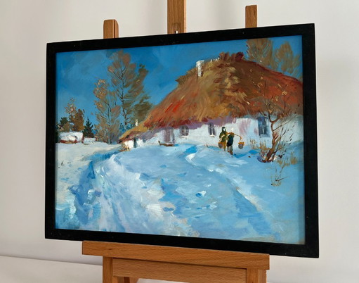 Original Oil Painting Winter Village Landscape Snowy village yard