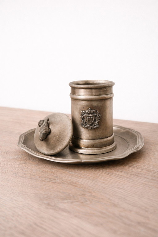Antique pewter inkwell with tray