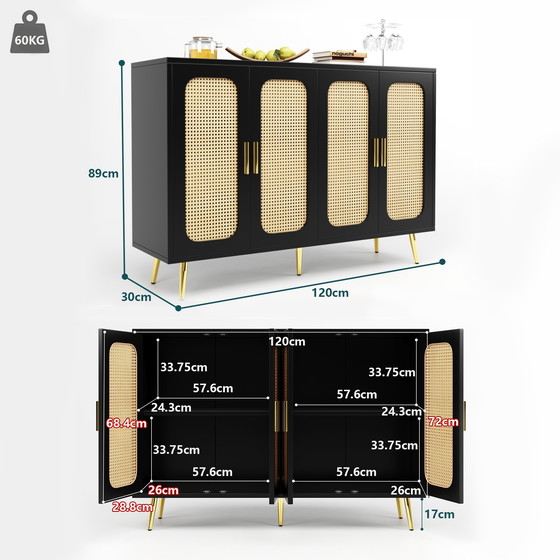 Image 1 of Urban Meuble zwart rotan dressoir met 4 deuren en gouden handgrepen en pootjes, 120 x 30 x 89 cm, STUGMAN