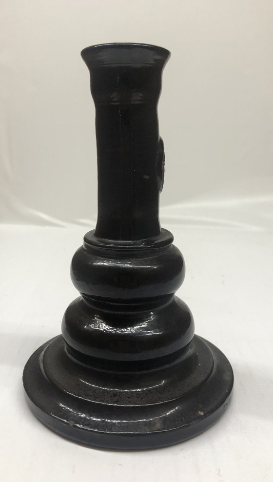 Image 1 of Vintage Black Ceramic Candle Holder Signed AP
