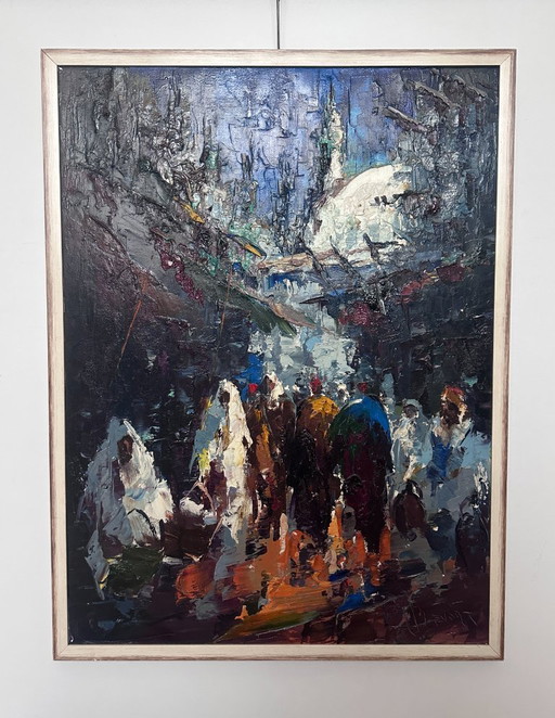 Johannes H.H. Bévort – Abstract expressionist cityscape / market scene – oil on canvas (1971)