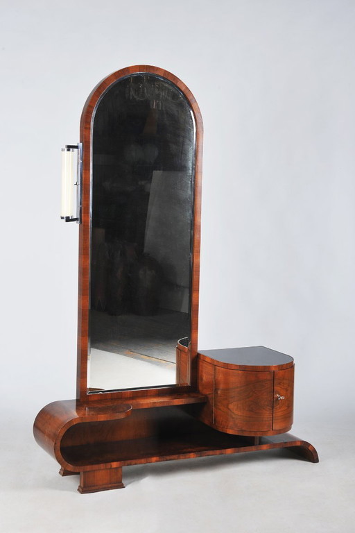 Restaurierter Art-Deco-Ankleidespiegel, Nussbaum, wiederbelebt polnisch, tschechisch, 1930er Jahre – opbergkast, Glass, Wood