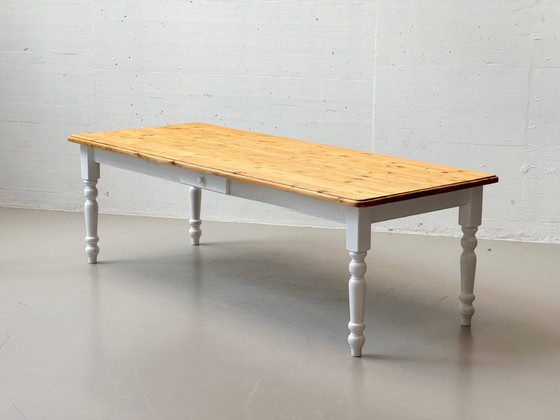 Image 1 of Large country-style dining table, solid wood, white painted, 1980s