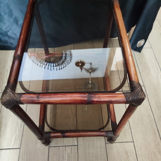 Image 1 of Rattan and Glass Bedside Table
