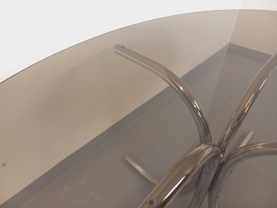 Image 1 of Vintage oval dining table in smoked glass and chrome metal, Space Age style, from the 70s