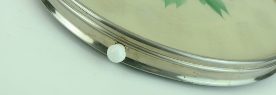 Image 1 of 1930s rotatable CAKE PLATTER glass chrome cake plate floral decor poppy decor