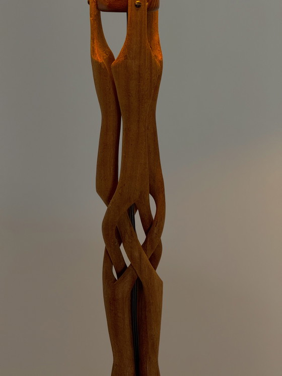 Image 1 of Sculptural hand-carved table lamp made of solid teak wood