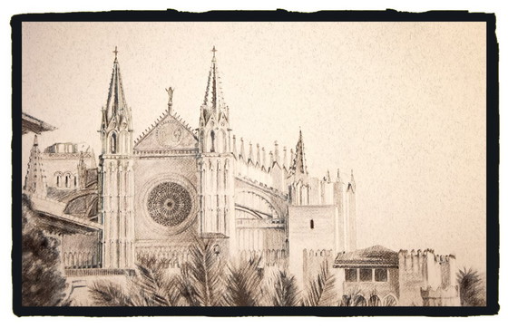 Image 1 of Charcoal drawing of the Cathedral of Mallorca. Mallorca drawing. Painting of Mallorca. Mallorca cityscape. Mallorca. New.